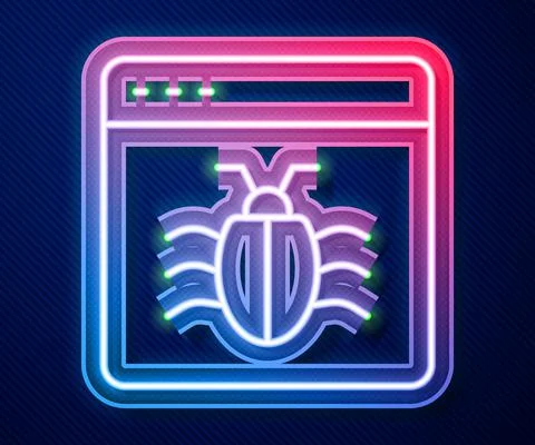 Glowing neon line System bug concept icon isolated on blue background. Code bug Stock Illustration
