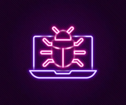 Glowing neon line System bug on monitor icon isolated on black background. Code イラスト素材