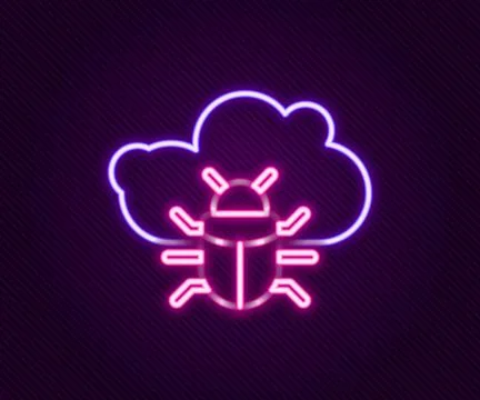 Glowing neon line System bug on a cloud icon isolated on black background. Cloud Illustrazione stock