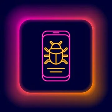 Glowing neon line System bug on mobile icon isolated on black background. Code イラスト素材