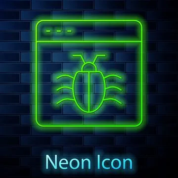 Glowing neon line System bug concept icon isolated on brick wall background.. Stock Illustration