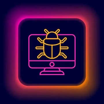 Glowing neon line System bug on monitor icon isolated on black background. .. Illustrazione stock