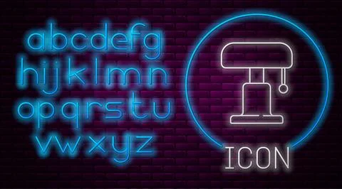 Glowing neon line Table lamp icon isolated on brick wall background. Neon lig Stock Illustration