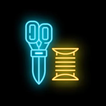 Glowing neon line tailor scissors and thread spool icon isolated on black b.. Illustrazione stock