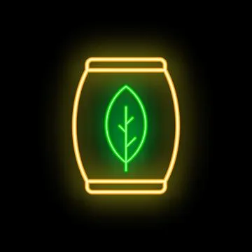 Glowing neon line tea leaf in packaging icon isolated on black background. Ve Stock Illustration