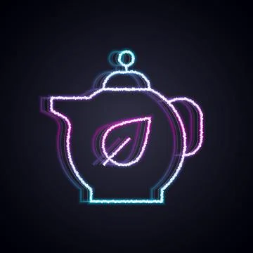 Glowing neon line Teapot with leaf icon isolated on black background. Vector Illustrazione stock