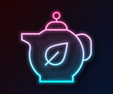 Glowing neon line Teapot with leaf icon isolated on black background.  Vector Illustrazione stock