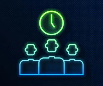 Glowing neon line Time Management icon isolated on blue background. Clock and Stock Illustration