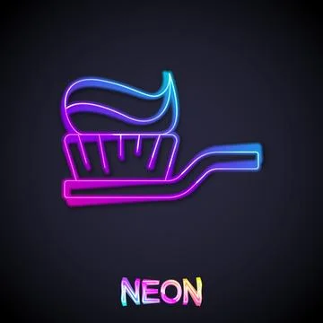 Glowing neon line Toothbrush with toothpaste icon isolated on black background Stock Illustration