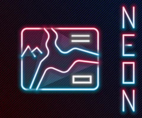 Glowing neon line Topographic map with route and coordinates icon isolated on Illustrazione stock