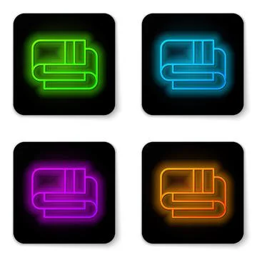 Glowing neon line Towel stack icon isolated on white background. Black square Stock Illustration