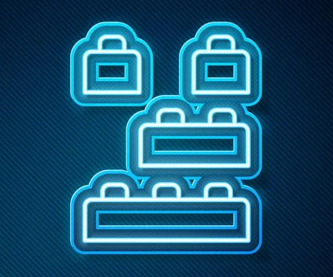 Glowing neon line Toy building block bricks for children icon isolated on blue Ilustración de archivo