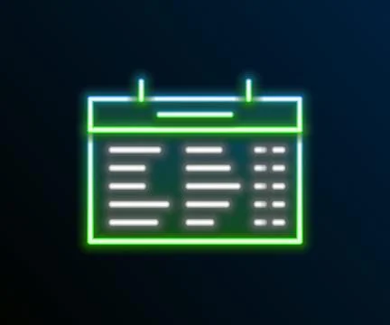 Glowing neon line Train station board icon isolated on black background. Me.. 스톡 일러스트