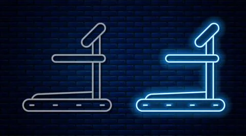 Glowing neon line Treadmill machine icon isolated on brick wall background... 스톡 일러스트
