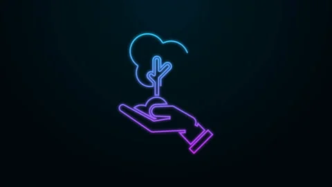 Glowing neon line Tree in hand of environmental protection icon isolated on Stock Footage 139956902