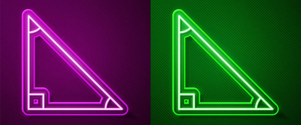 Glowing neon line Triangle math icon isolated on purple and green background Illustrazione stock