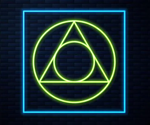 Glowing neon line Triangle math icon isolated on brick wall background. Vector Illustrazione stock