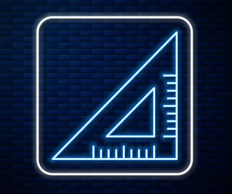 Glowing neon line Triangular ruler icon isolated on brick wall background Stock Illustration