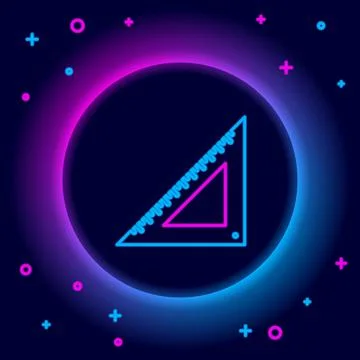 Glowing neon line Triangular ruler icon isolated on black background Illustrazione stock
