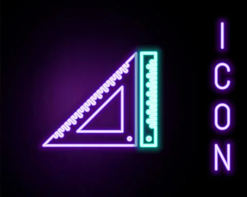 Glowing neon line Triangular ruler icon isolated on black background Illustrazione stock
