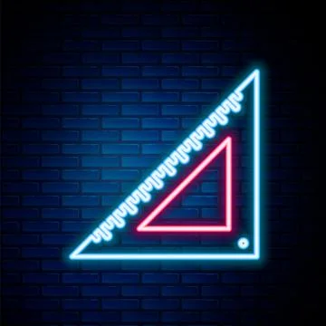 Glowing neon line Triangular ruler icon isolated on brick wall background Stock Illustration