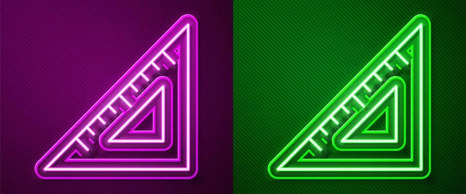 Glowing neon line Triangular ruler icon isolated on purple and green background Stock Illustration
