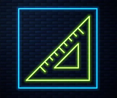 Glowing neon line Triangular ruler icon isolated on brick wall background Stock Illustration
