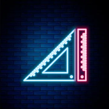 Glowing neon line Triangular ruler icon isolated on brick wall background Stock Illustration