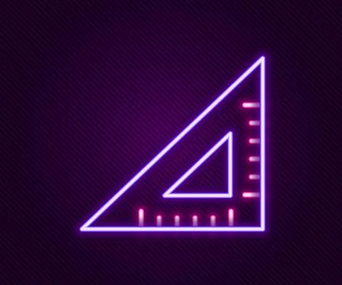 Glowing neon line Triangular ruler icon isolated on black background Illustrazione stock