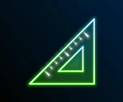 Glowing neon line Triangular ruler icon isolated on black background Illustrazione stock