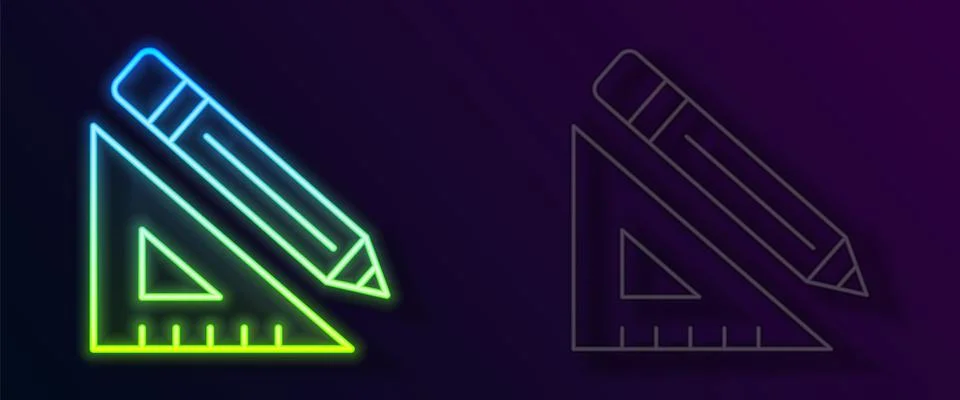 Glowing neon line Triangular ruler and pencil icon isolated on black background Ilustração Stock