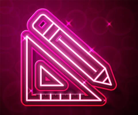 Glowing neon line Triangular ruler and pencil icon isolated on red background Stock Illustration