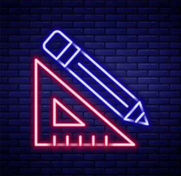 Glowing neon line Triangular ruler and pencil icon isolated on brick wall Illustrazione stock