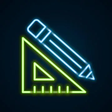 Glowing neon line Triangular ruler and pencil icon isolated on black backgrou Stock Illustration