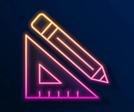 Glowing neon line Triangular ruler and pencil icon isolated on black background Stock Illustration