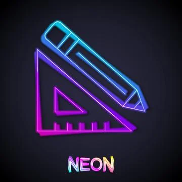 Glowing neon line Triangular ruler and pencil icon isolated on black background Stock Illustration