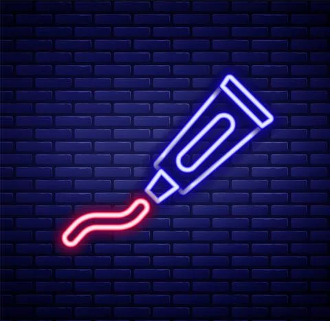 Glowing neon line Tube of toothpaste icon isolated on brick wall background.  Illustrazione stock