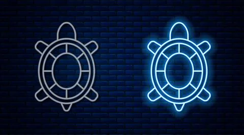 Glowing neon line Turtle icon isolated on brick wall background.  Vector Stock Illustration