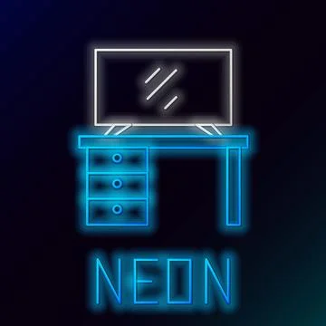 Glowing neon line TV table stand icon isolated on black background. Colorfu.. Stock Illustration