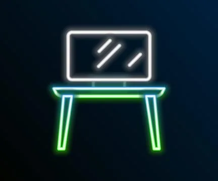 Glowing neon line TV table stand icon isolated on black background. Colorfu.. Stock Illustration