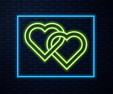 Glowing neon line Two Linked Hearts icon isolated on brick wall background. R Stock Illustration