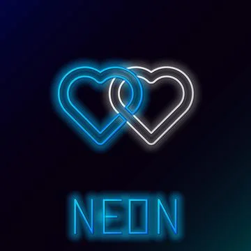 Glowing neon line Two Linked Hearts icon isolated on black background. Romant Ilustración de archivo