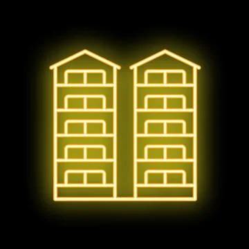 Glowing neon line two multi storey houses icon isolated on black background Ilustración de archivo
