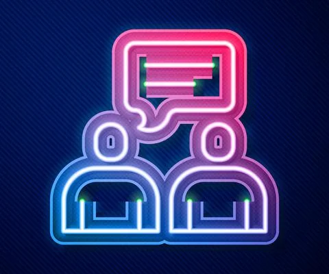 Glowing neon line Two sitting men talking icon isolated on blue background Stock Illustration