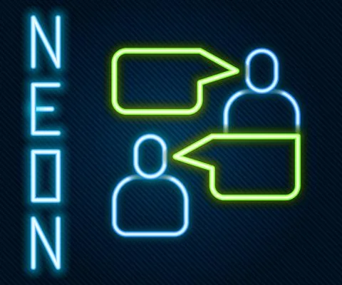 Glowing neon line Two sitting men talking icon isolated on black background Stock Illustration