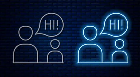 Glowing neon line Two sitting men talking icon isolated on brick wall background Stock Illustration