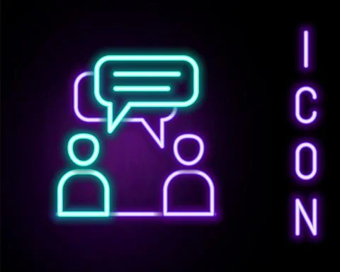 Glowing neon line Two sitting men talking icon isolated on black background Stock Illustration