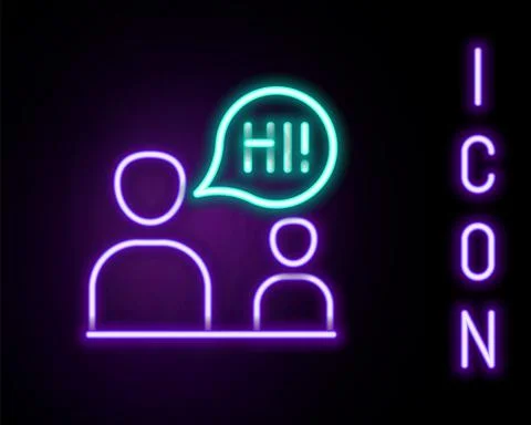 Glowing neon line Two sitting men talking icon isolated on black background Stock Illustration