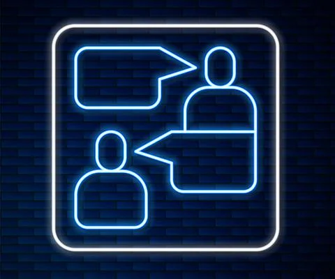 Glowing neon line Two sitting men talking icon isolated on brick wall background Stock Illustration