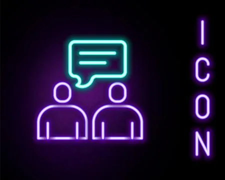 Glowing neon line Two sitting men talking icon isolated on black background.  Stock Illustration